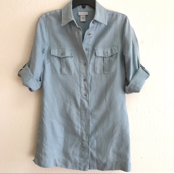 Soft Surroundings Tops - Soft Surroundings 100% Linen Light Blue Tunic w/ Pockets and Safari Sleeves S